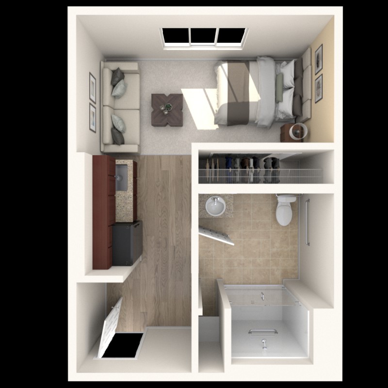 A 3D rendering of a compact studio apartment floor plan with an integrated bedroom, kitchen, and bathroom.