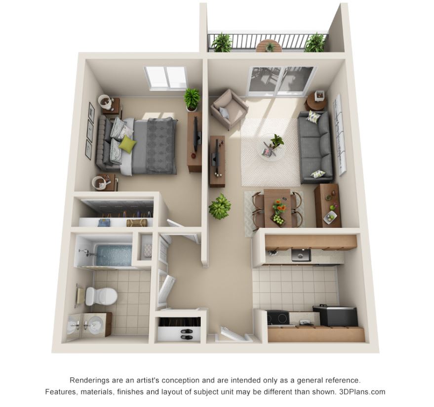 A 3D floor plan of a one-bedroom apartment featuring a living room, kitchen, bathroom, and balcony.