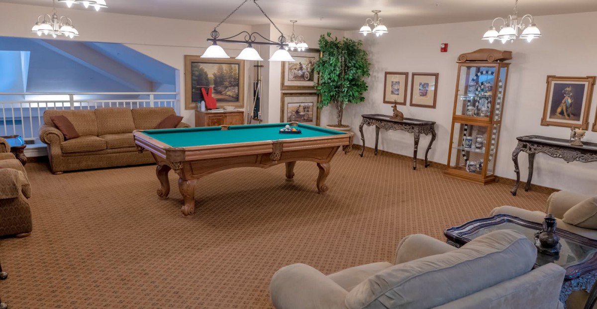 A cozy game room featuring a pool table surrounded by framed artwork and a potted plant.