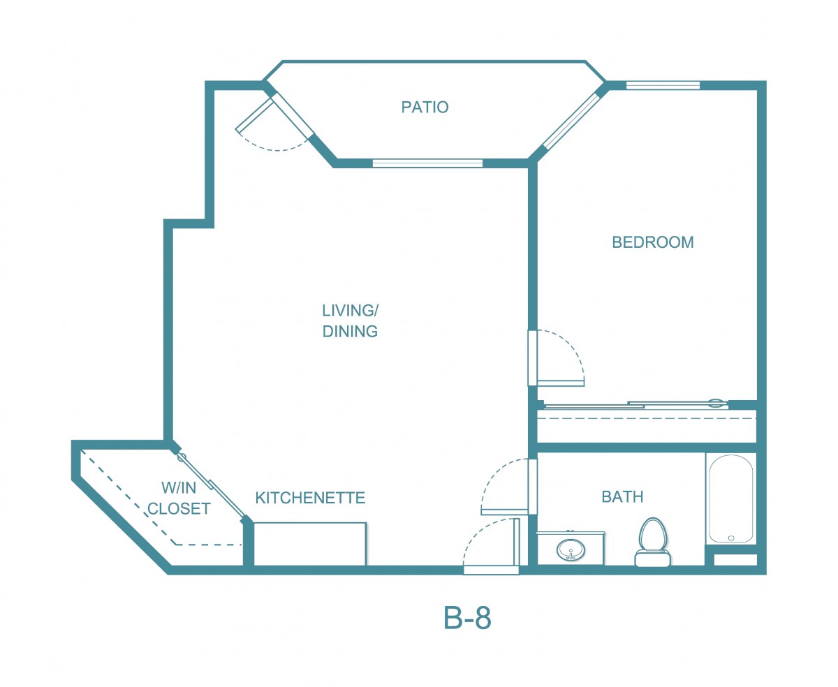 A simple one-bedroom apartment floor plan with designated living, kitchen, and patio areas.