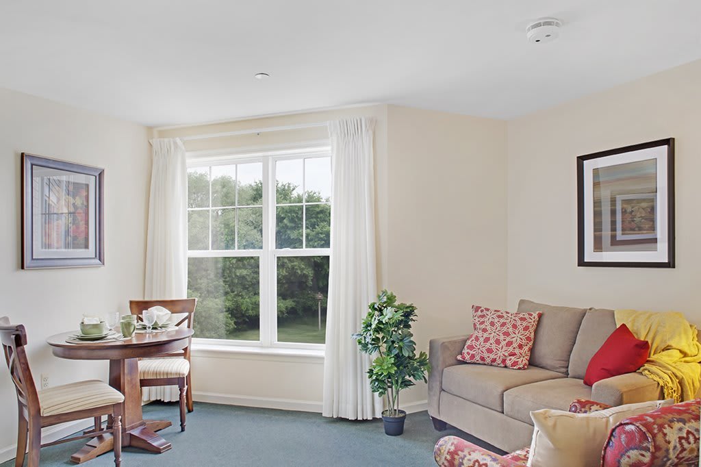 A cozy living room with a beige sofa, decorative pillows, and a large window with white curtains.