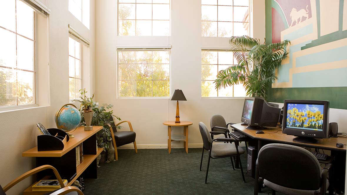 A cozy office space with computers, desks, and natural light from large windows.
