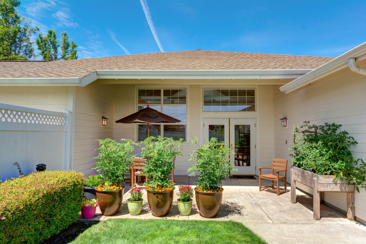 A sunny patio with potted plants and outdoor furniture in the backyard.