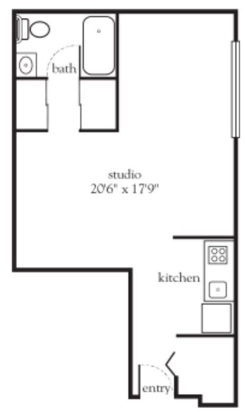 Floor plan of a studio apartment with kitchen and living area.