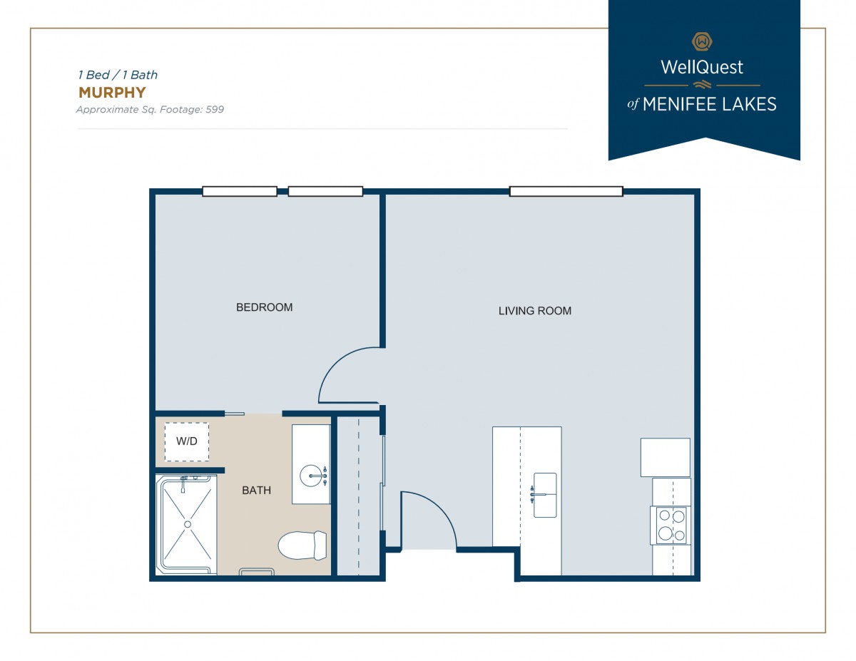 One-bedroom apartment floor plan showing the living room, kitchen, and bathroom.