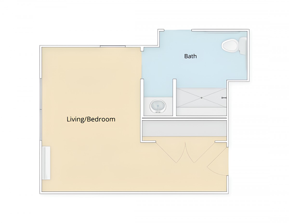 Studio apartment floor plan with a living/bedroom area and a bathroom.