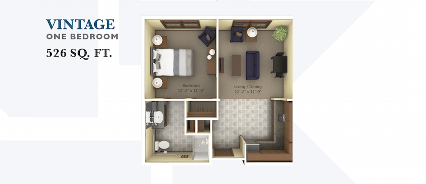 A 3D floor plan of a one-bedroom apartment featuring a living room, kitchen, and bathroom.