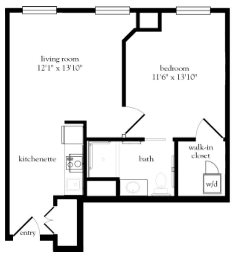 A detailed floor plan of a one-bedroom apartment featuring labeled areas for the living room, kitchen, bathroom, and walk-in closet.
