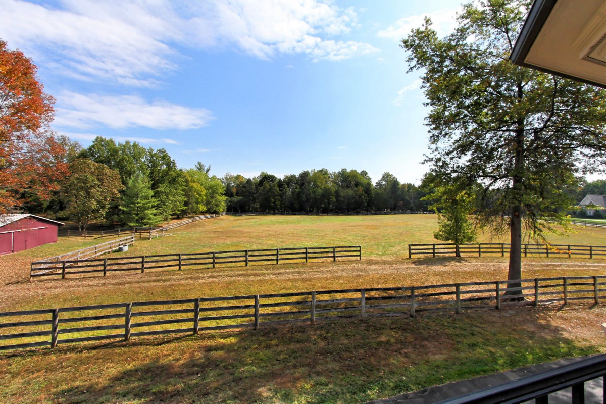 A peaceful rural landscape featuring a fenced field surrounded by trees under a blue sky.