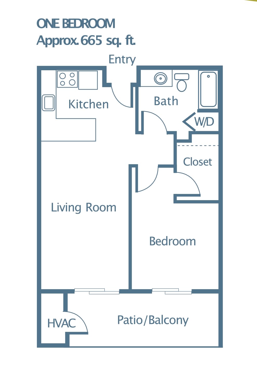One-bedroom apartment floor plan with kitchen, living room, bathroom, and closet.