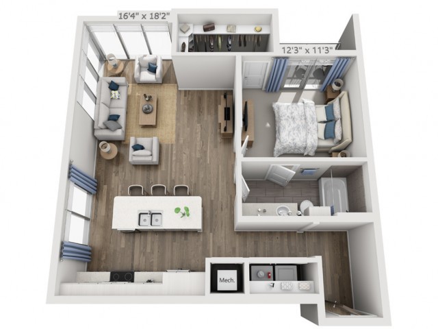 A modern one-bedroom apartment floor plan with an open living area, kitchen, and bathroom.