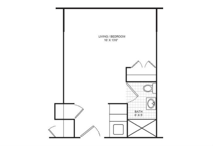 Floor plan of a living/bedroom area with an attached bathroom.