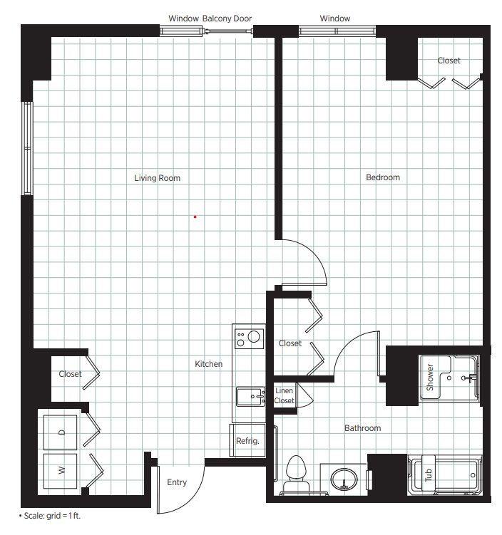 A floor plan displaying the layout of an apartment with living room, kitchen, and bedroom areas.