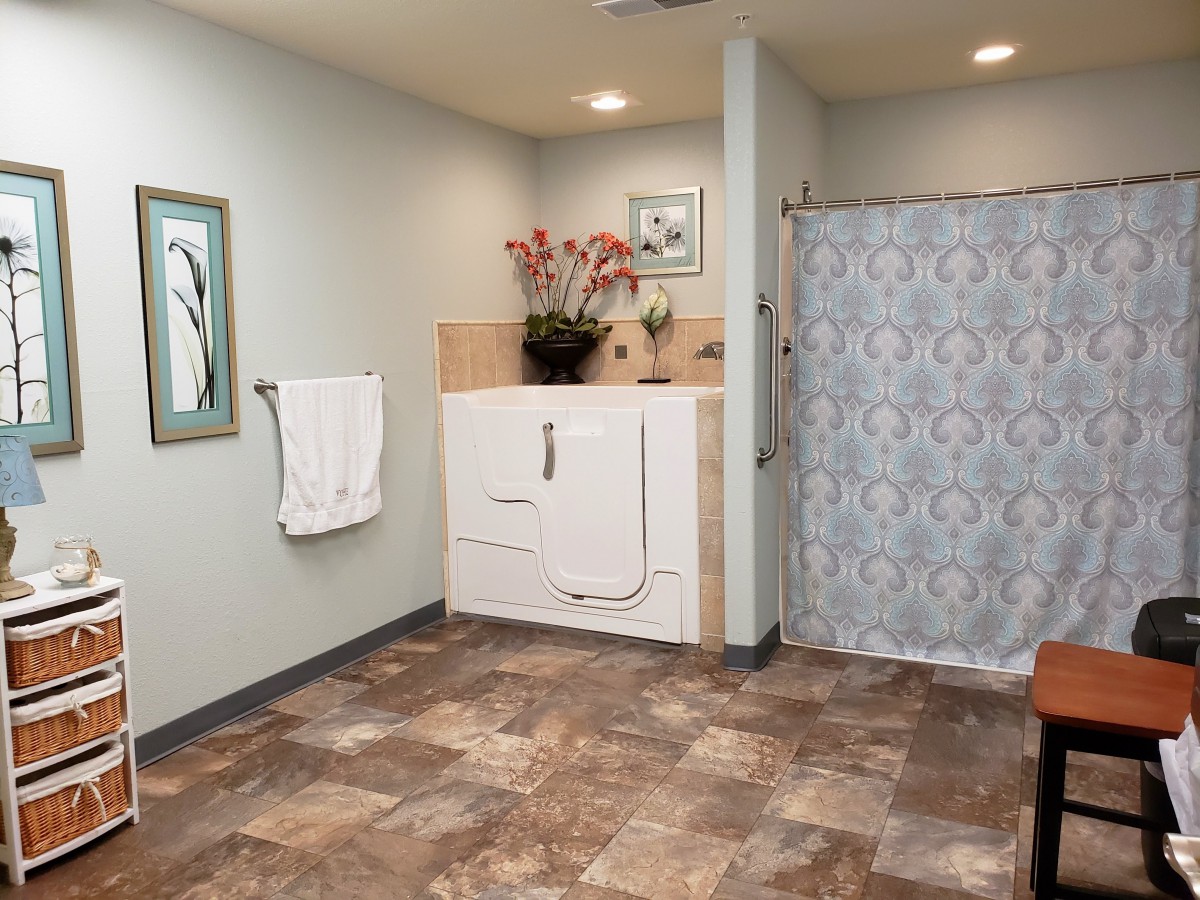 A bathroom featuring a walk-in bathtub and a shower with a decorative curtain, designed for accessibility.