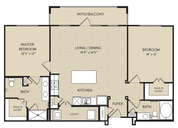 A floor plan of an apartment with two bedrooms, a kitchen, two bathrooms, and a combined living and dining area.