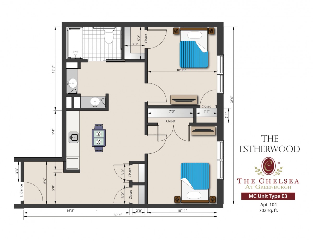 A detailed floor plan of an apartment, showcasing two bedrooms, a kitchen, and living space.