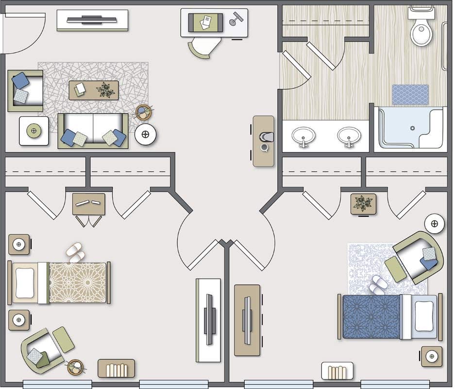 A detailed floor plan of a two-bedroom apartment, showcasing a living area, kitchen, and bathrooms.