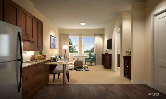 A cozy living room with modern furniture and a large window offering a scenic view.