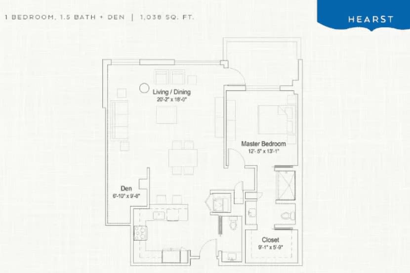 A floor plan of an apartment featuring a living/dining area, kitchen, master bedroom with a closet, and bathroom.