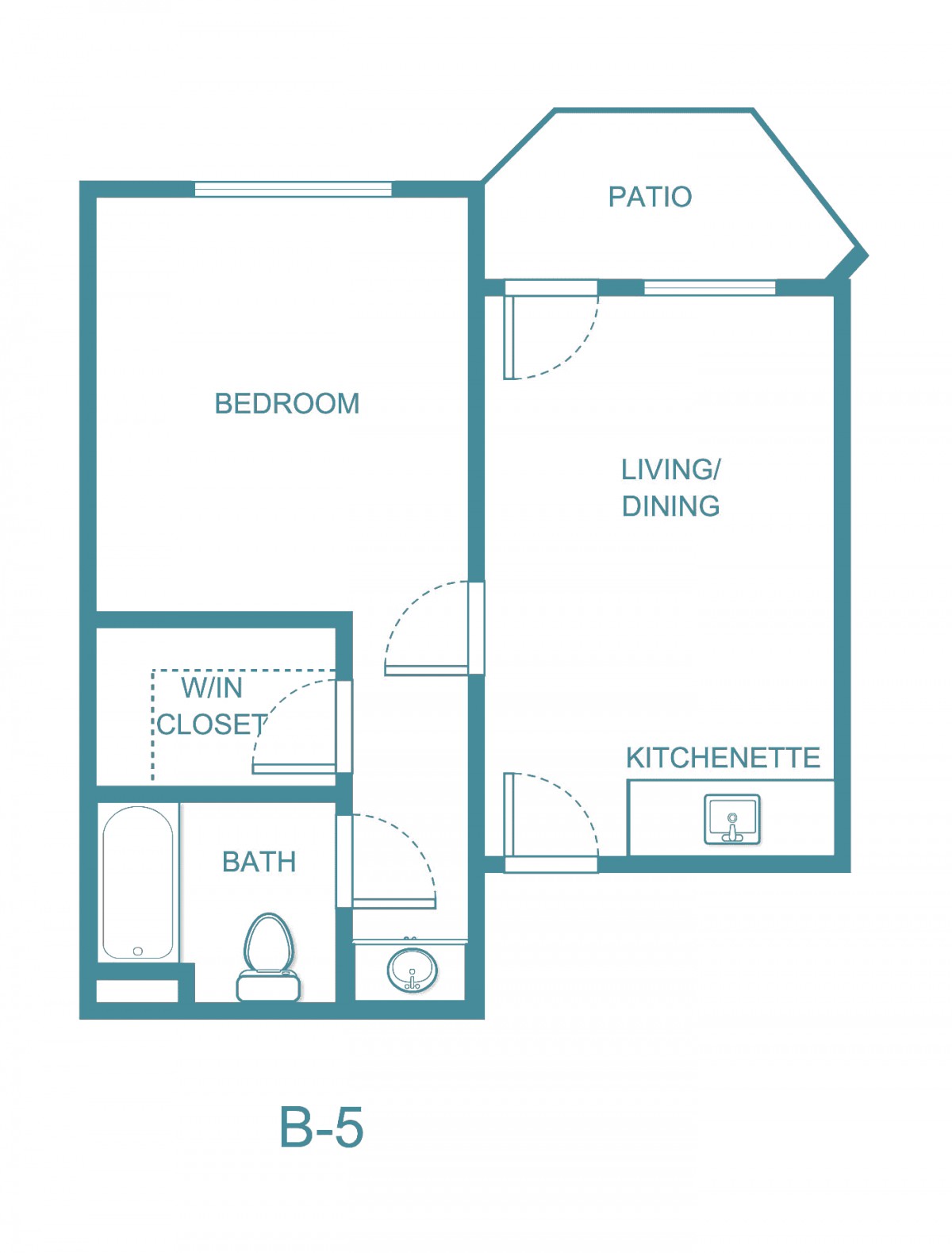 A floor plan layout of a one-bedroom apartment with a living/dining area, kitchenette, bathroom, and walk-in closet.