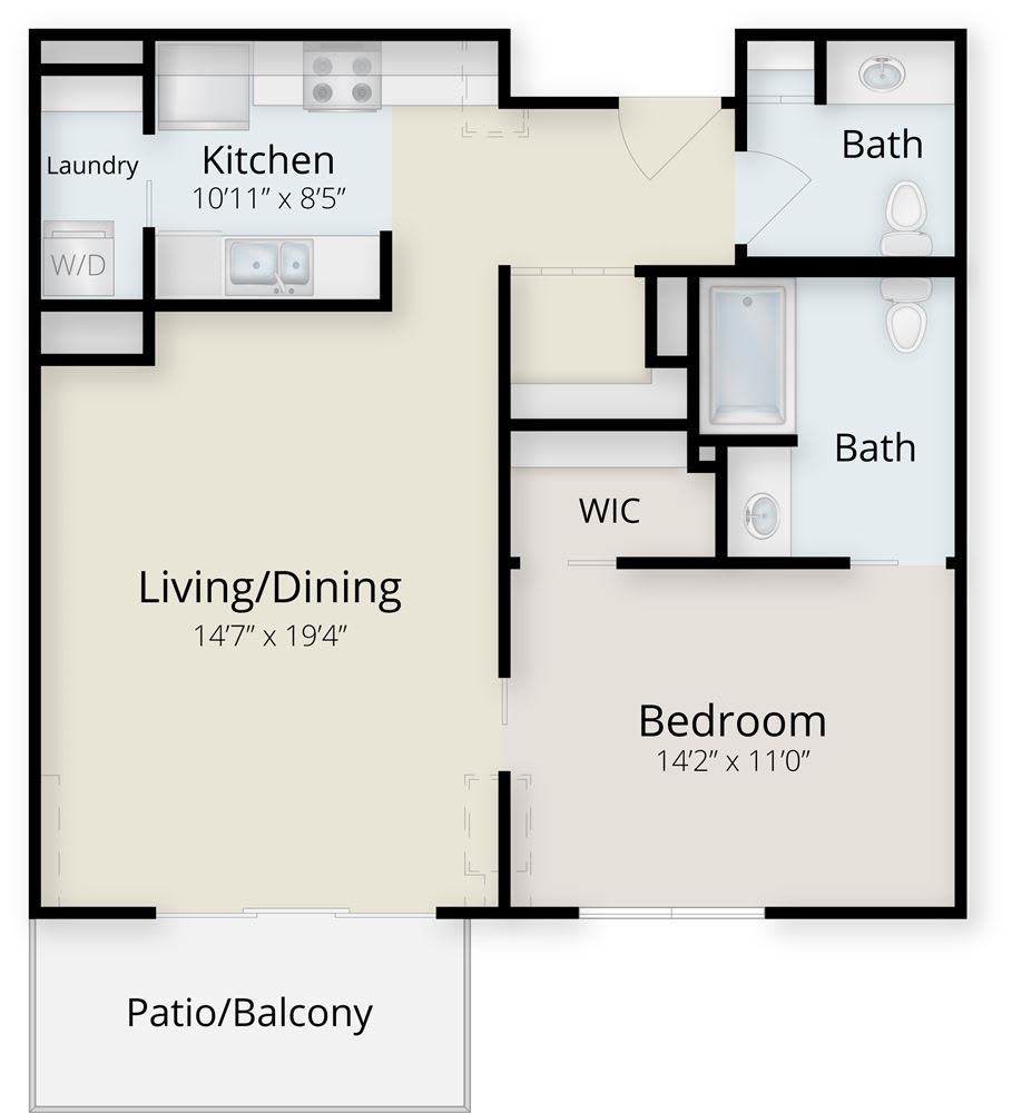 One-bedroom apartment floor plan with living/dining area, kitchen, laundry, two bathrooms, walk-in closet, and patio/balcony.