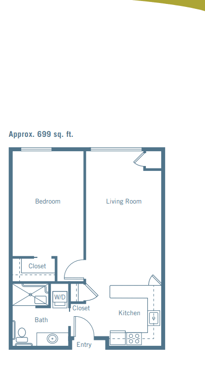 A floor plan depicting a one-bedroom apartment layout with a living room.
