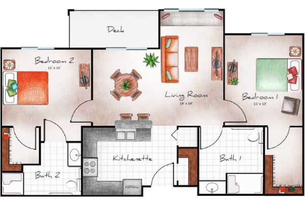 A detailed floor plan of a two-bedroom apartment featuring a living room, kitchenette, bathroom, and an outdoor deck.