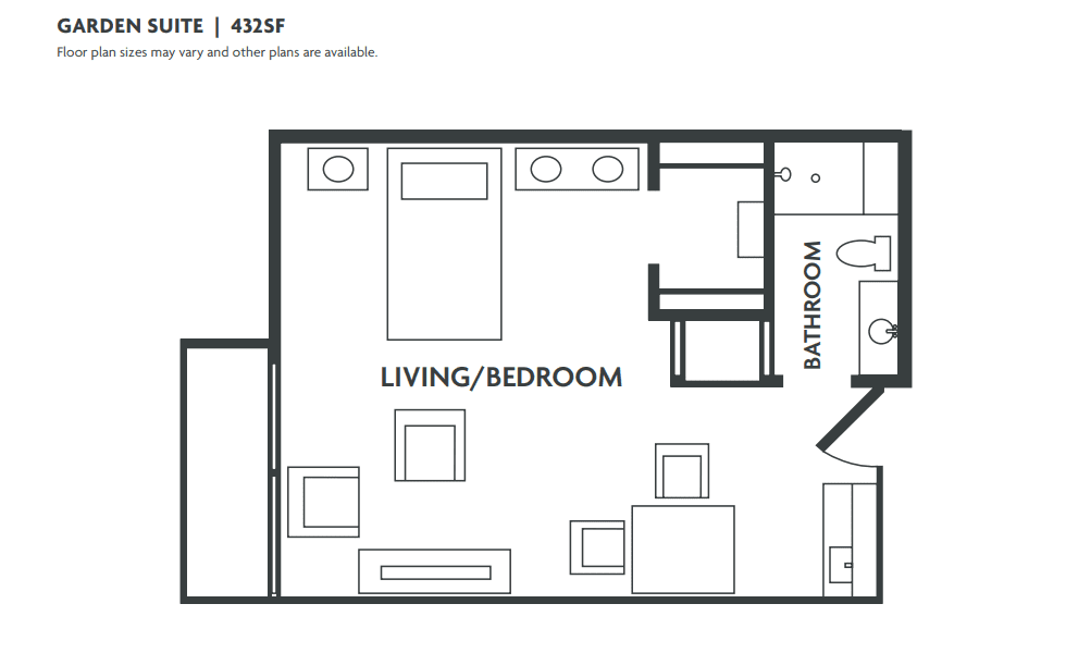 A floor plan of a 435 square foot studio apartment with designated areas for living, bedroom, and bathroom.