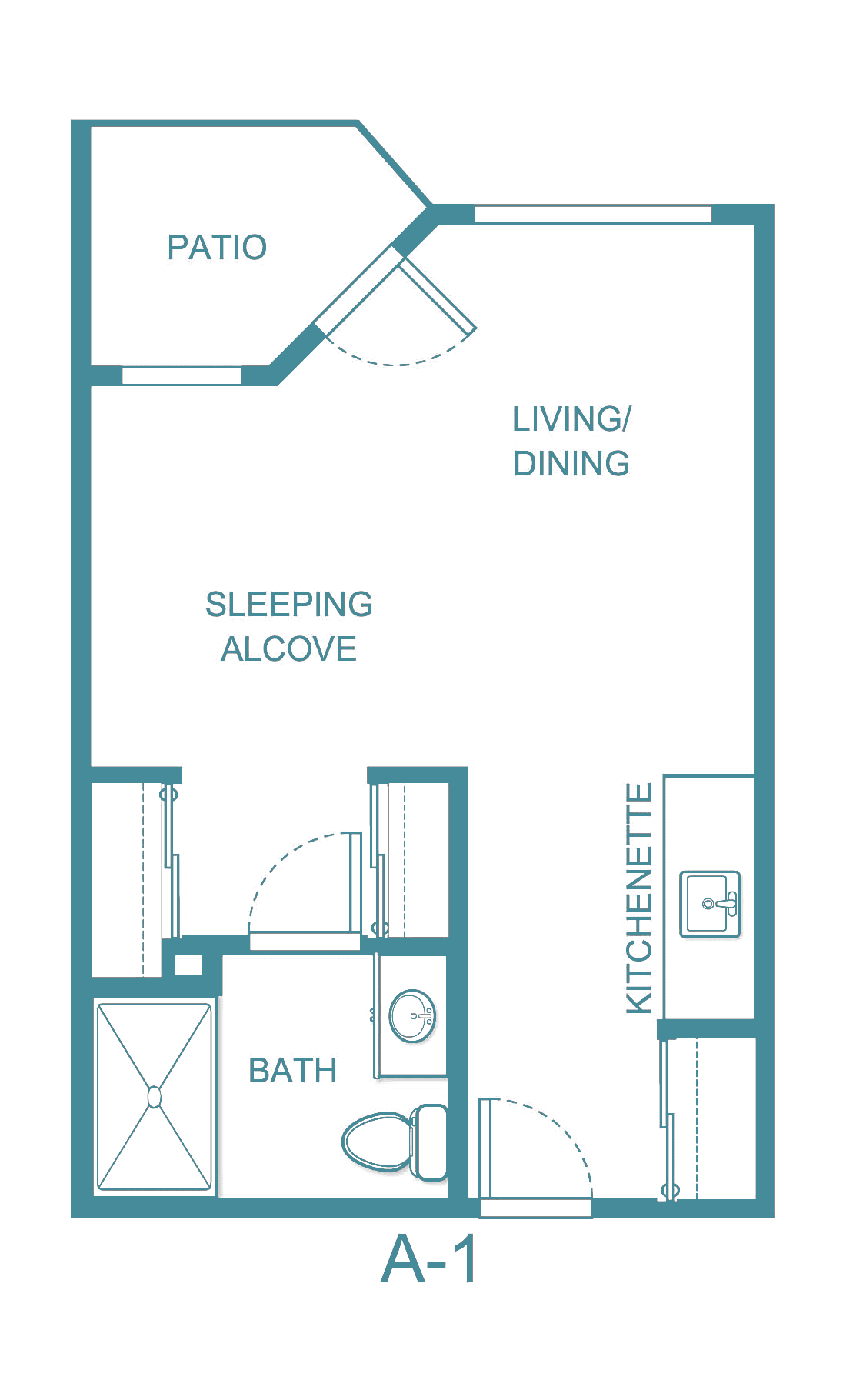 Floor plan of a studio apartment with a sleeping alcove, living/dining area, kitchenette, and bathroom.