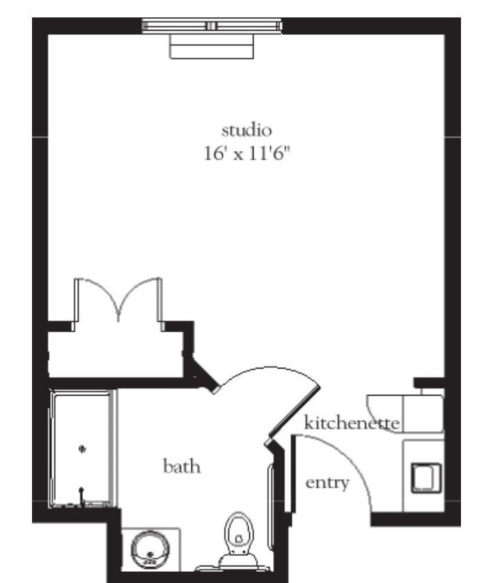 Studio apartment floor plan with kitchen and bath layout.