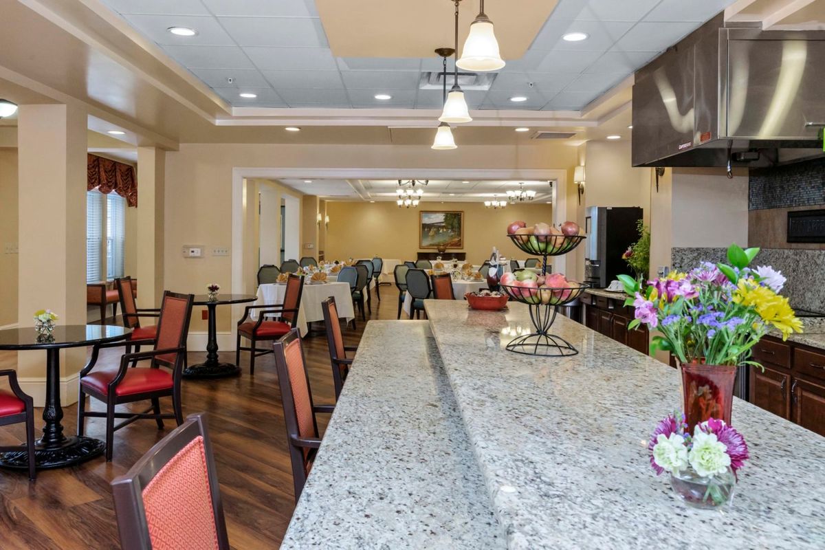 A spacious and elegantly designed dining area with a long countertop, comfortable seating, and tasteful decorations.