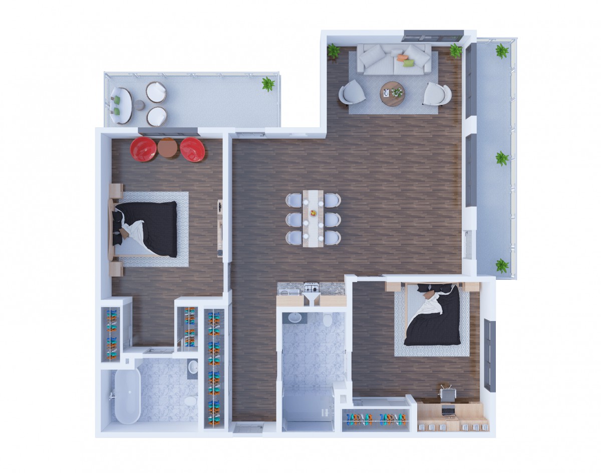 A modern floor plan showcasing a two-bedroom apartment with an open living and dining area, kitchen, and balcony.