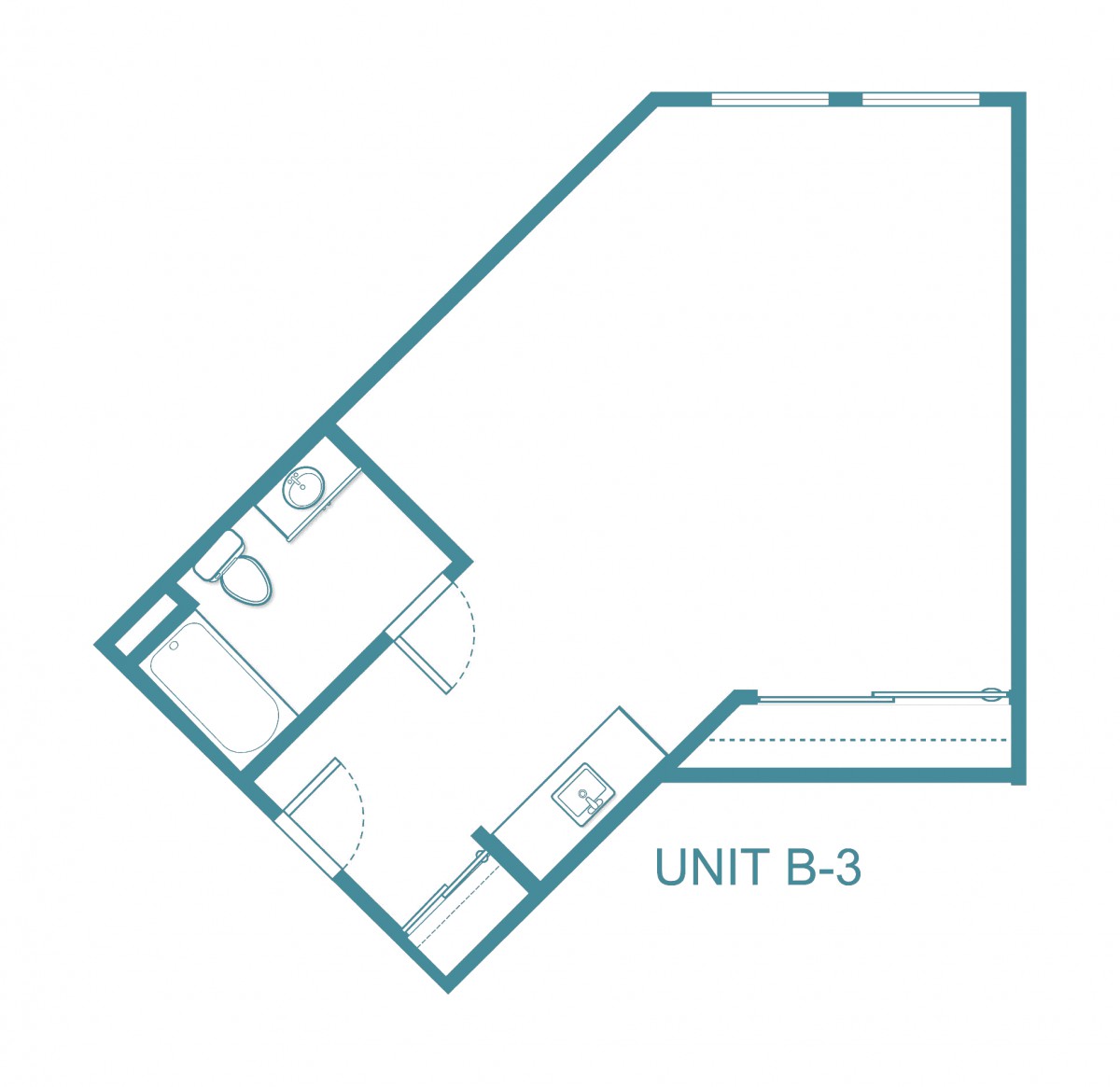 Blueprint of Unit B-3 with designated living areas.