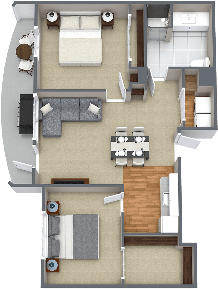 A modern apartment floor plan featuring a bedroom, living room, kitchen, dining area, and bathroom.