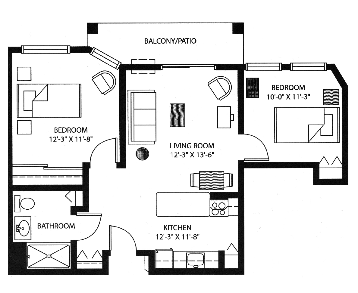 Floor plan of a two-bedroom apartment with living room, kitchen, and balcony.