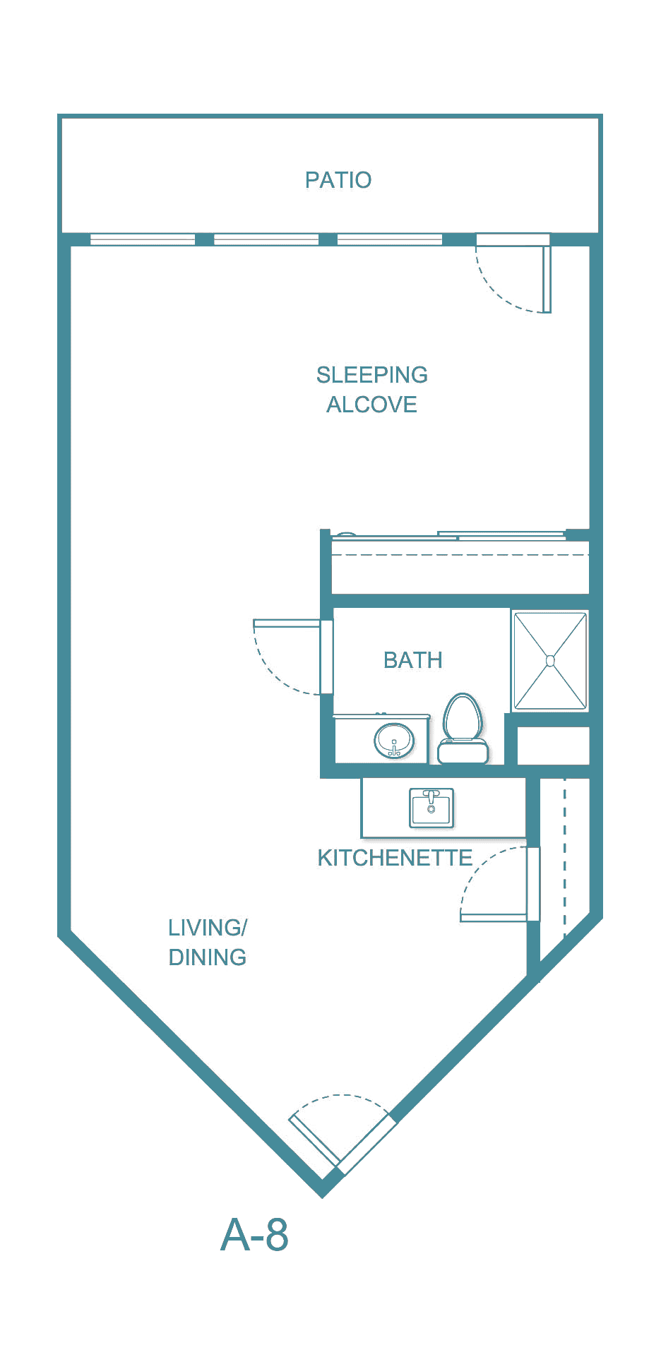 A compact studio apartment floor plan featuring a sleeping alcove, kitchenette, bathroom, and living/dining area.