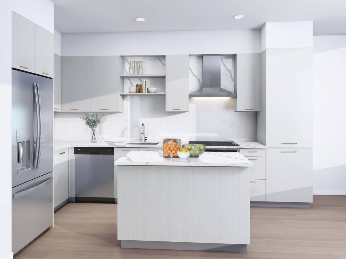 A sleek, modern kitchen with white cabinets and a central island, featuring stainless steel appliances and minimalist design elements.