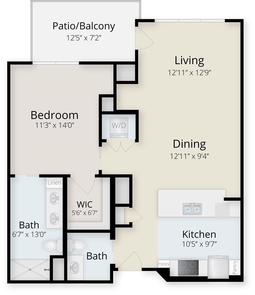 One-bedroom apartment floor plan with living room, kitchen, dining area, bathroom, walk-in closet, and patio/balcony.