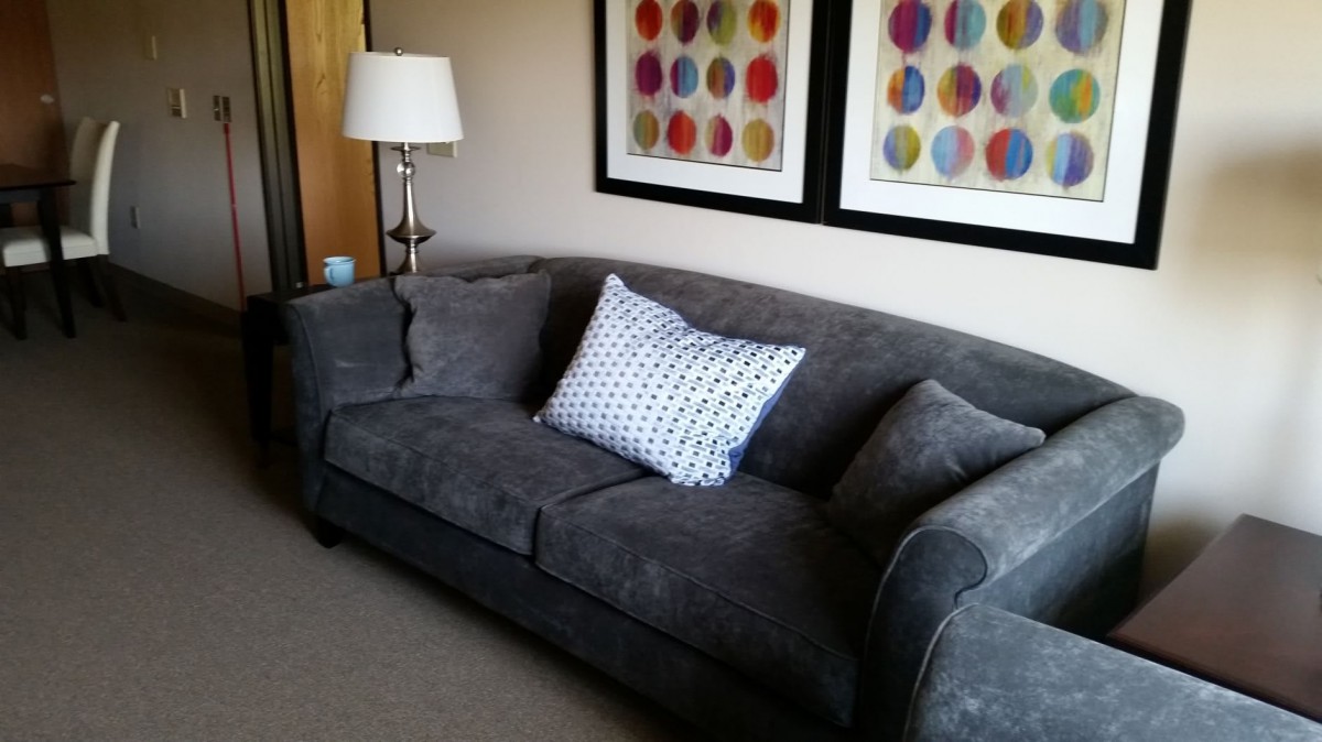 A cozy living room setup featuring a modern gray sofa with decorative pillows and colorful artwork.