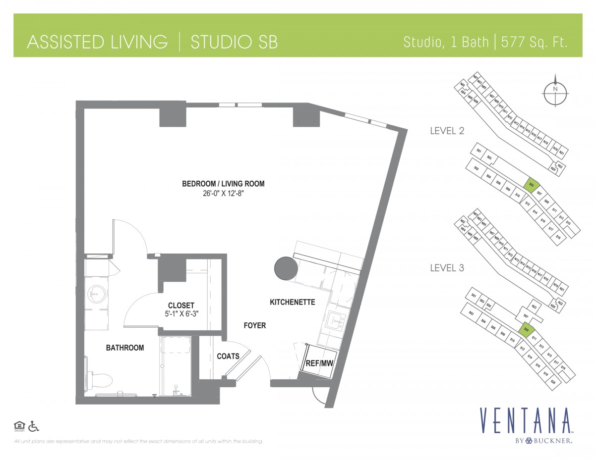 Floor plan of a studio apartment with labeled areas for living space, bathroom, and closet.