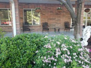 A cozy outdoor patio area with chairs and a table, surrounded by bushes and blooming flowers.