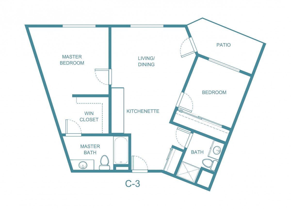 Floor plan of a two-bedroom apartment with 1.5 bathrooms.