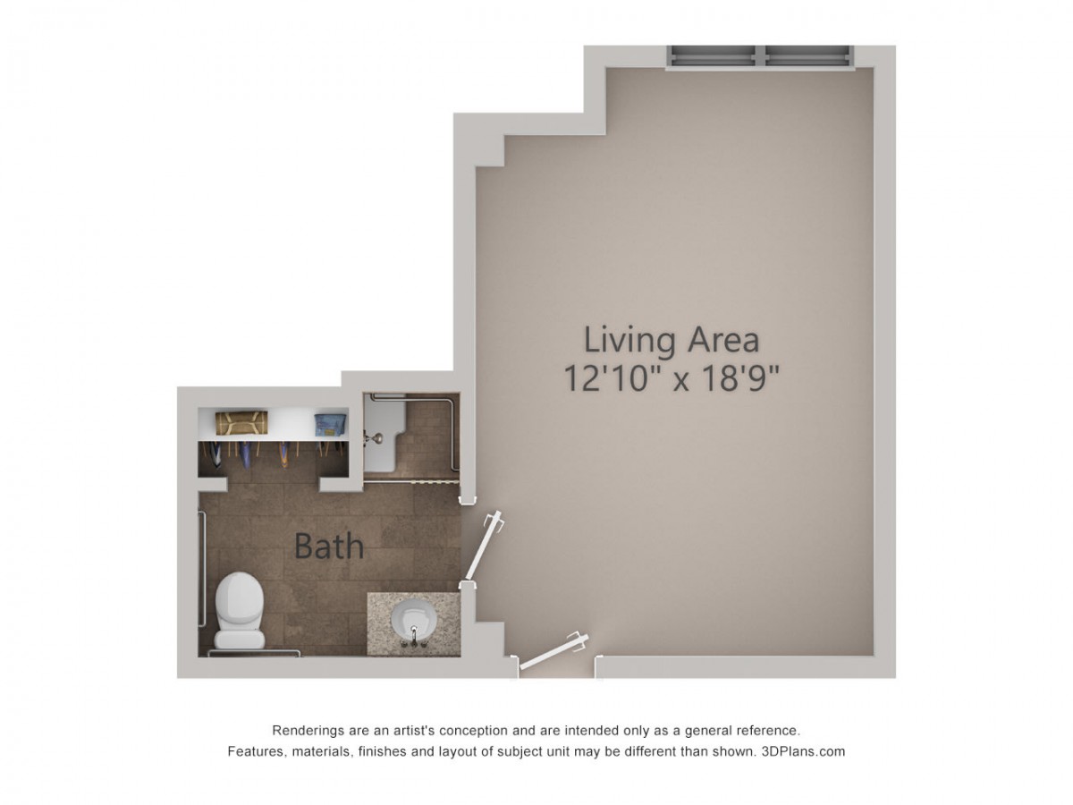 A studio apartment floor plan featuring a living area and a bathroom.