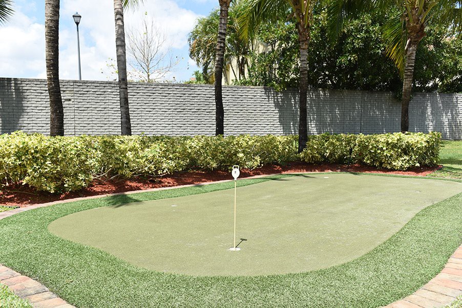 A small outdoor putting green with a flagstick, surrounded by palm trees and landscaping.