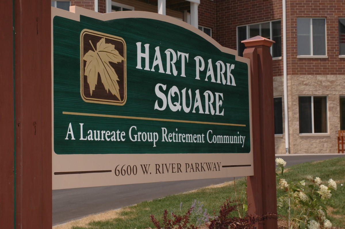 Sign for Hart Park Square, a Laureate Group Retirement Community.