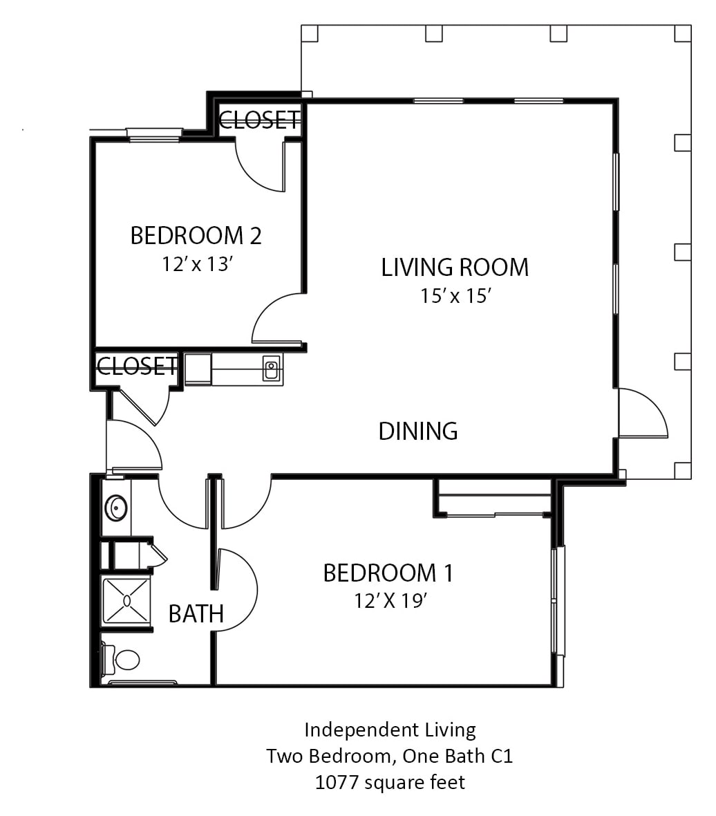 Floor plan of a two-bedroom, one-bathroom apartment with a living room and dining area.