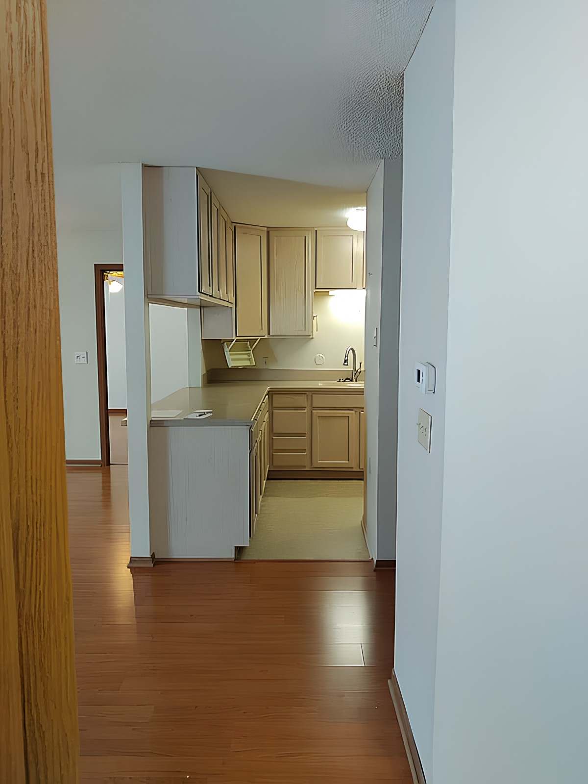 Modern kitchen with wooden floors and light cabinetry.
