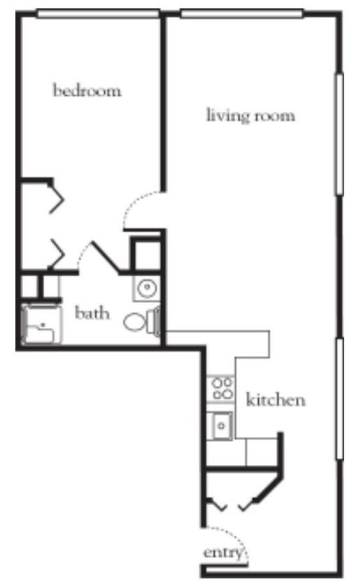 A simple floor plan of a one-bedroom apartment with a kitchen, living room, and bathroom.