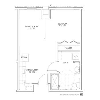 A floor plan of a one-bedroom apartment with designated areas for the living room, kitchen, bathroom, and closet.