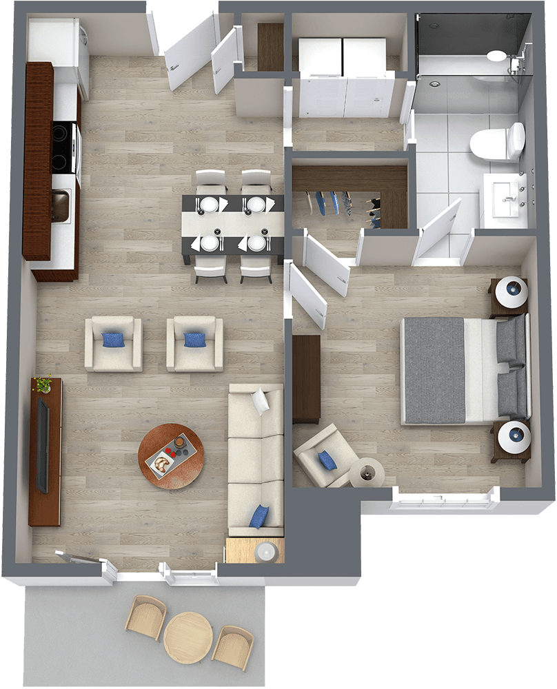 A 3D floor plan of a modern apartment including a living room, kitchen, bedroom, and bathroom.